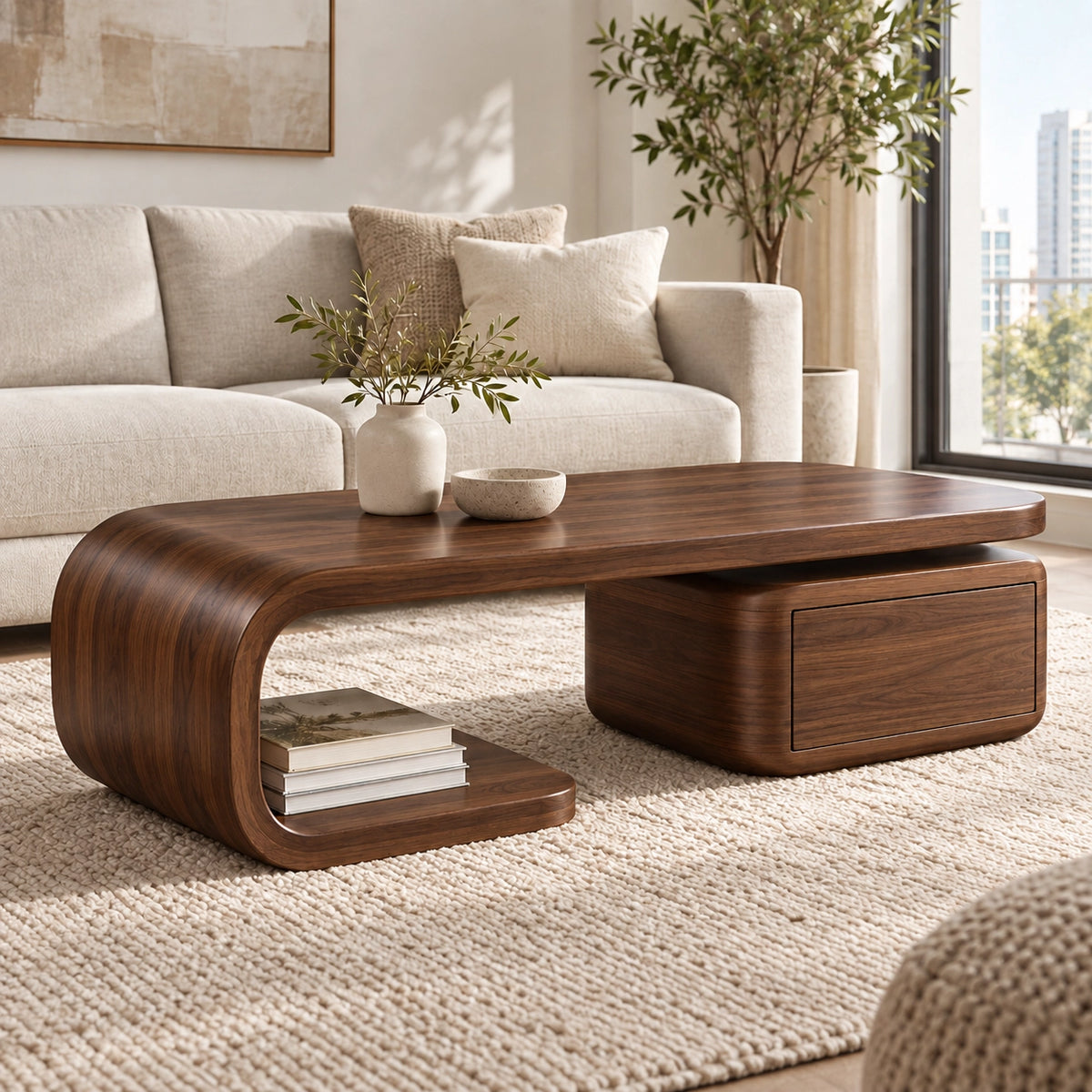 Coffee Table with Curved Solid Wood Base and Storage Drawer in Natural - Woodenecho - 9