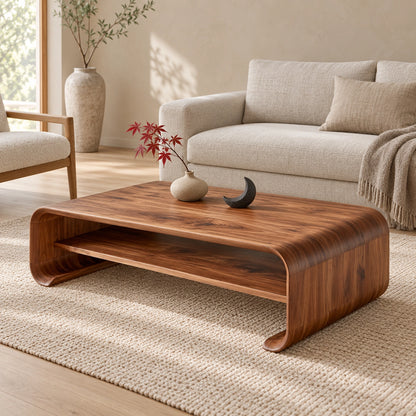 Coffee Table with Curved Solid Wood Base in Natural Solid Wood Design - Woodenecho - 1