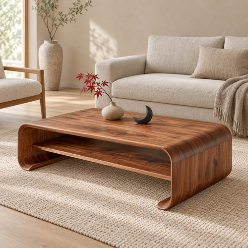 Coffee Table with Curved Solid Wood Base in Natural Solid Wood Design - Woodenecho - 1