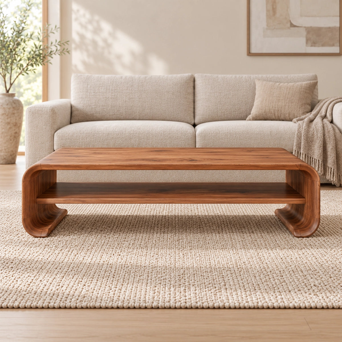 Coffee Table with Curved Solid Wood Base in Natural Solid Wood Design - Woodenecho - 2