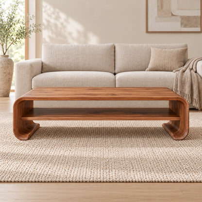 Coffee Table with Curved Solid Wood Base in Natural Solid Wood Design - Woodenecho - 2