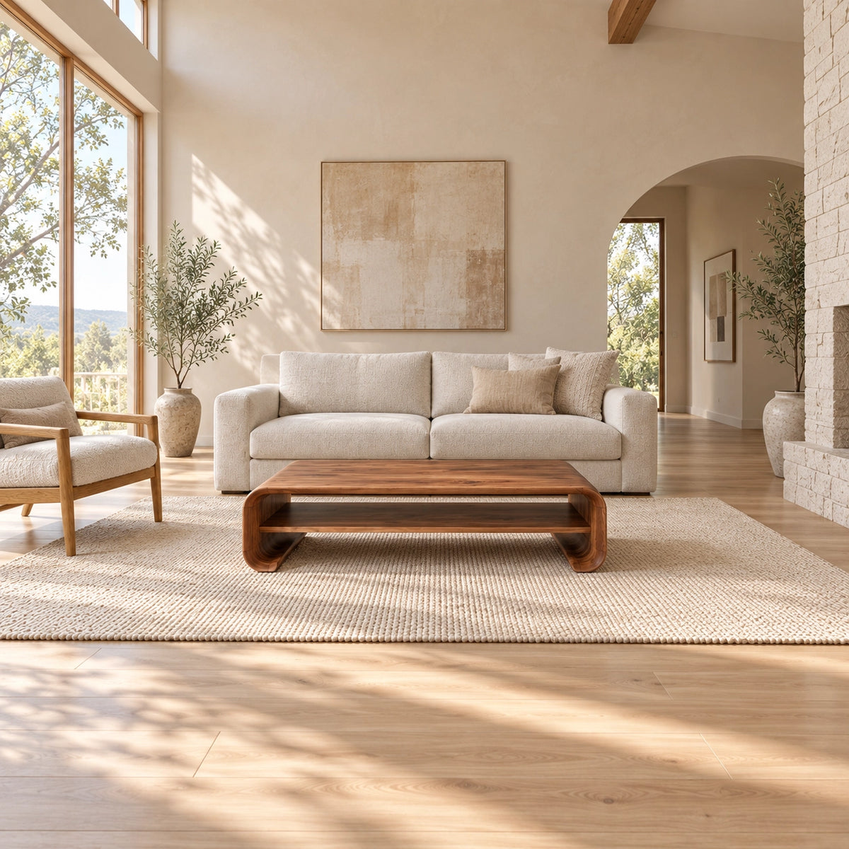 Coffee Table with Curved Solid Wood Base in Natural Solid Wood Design - Woodenecho - 3