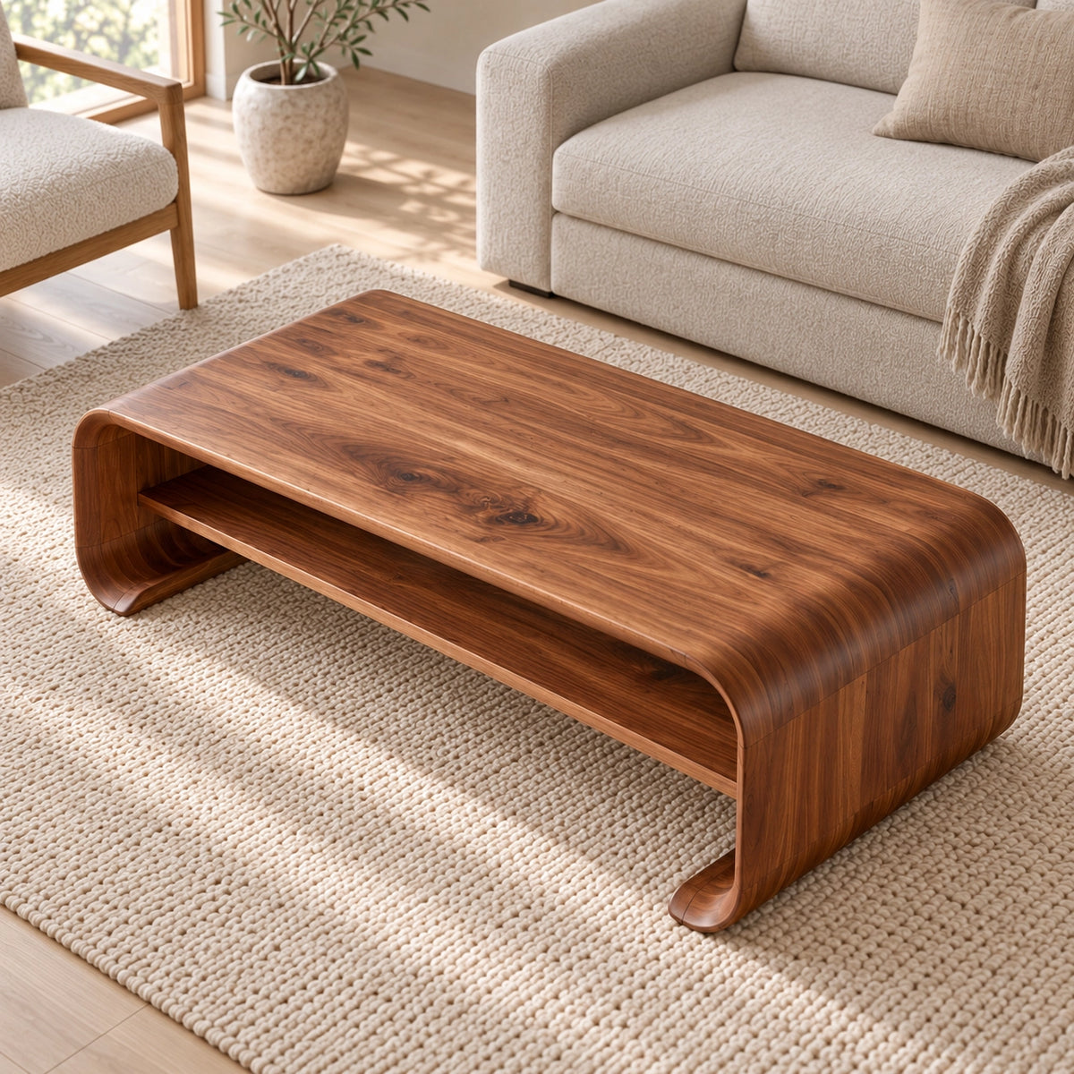 Coffee Table with Curved Solid Wood Base in Natural Solid Wood Design - Woodenecho - 4