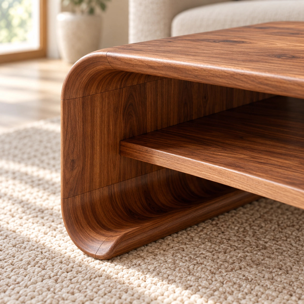 Coffee Table with Curved Solid Wood Base in Natural Solid Wood Design - Woodenecho - 5