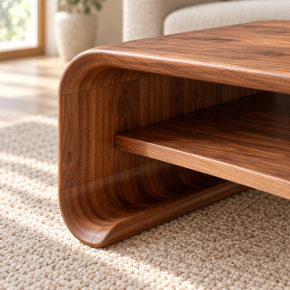 Coffee Table with Curved Solid Wood Base in Natural Solid Wood Design - Woodenecho - 5