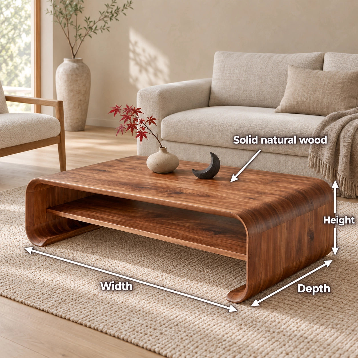 Coffee Table with Curved Solid Wood Base in Natural Solid Wood Design - Woodenecho - 6