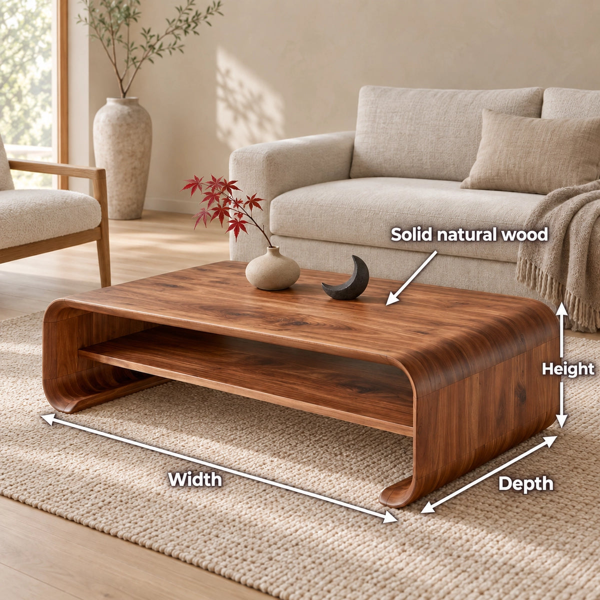 Coffee Table with Curved Solid Wood Base in Natural Solid Wood Design - Woodenecho - 6