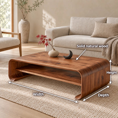 Coffee Table with Curved Solid Wood Base in Natural Solid Wood Design - Woodenecho - 6