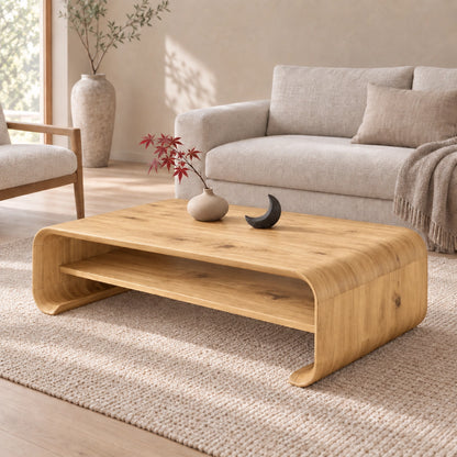 Coffee Table with Curved Solid Wood Base in Natural Solid Wood Design - Woodenecho - 8