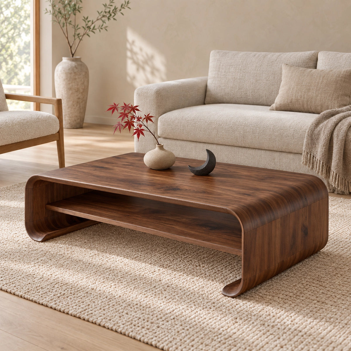 Coffee Table with Curved Solid Wood Base in Natural Solid Wood Design - Woodenecho - 9