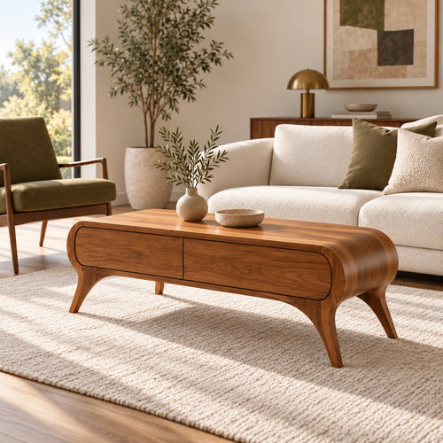 Coffee Table with Curved Solid Wood Drawers in Natural Solid Wood - Woodenecho - 1
