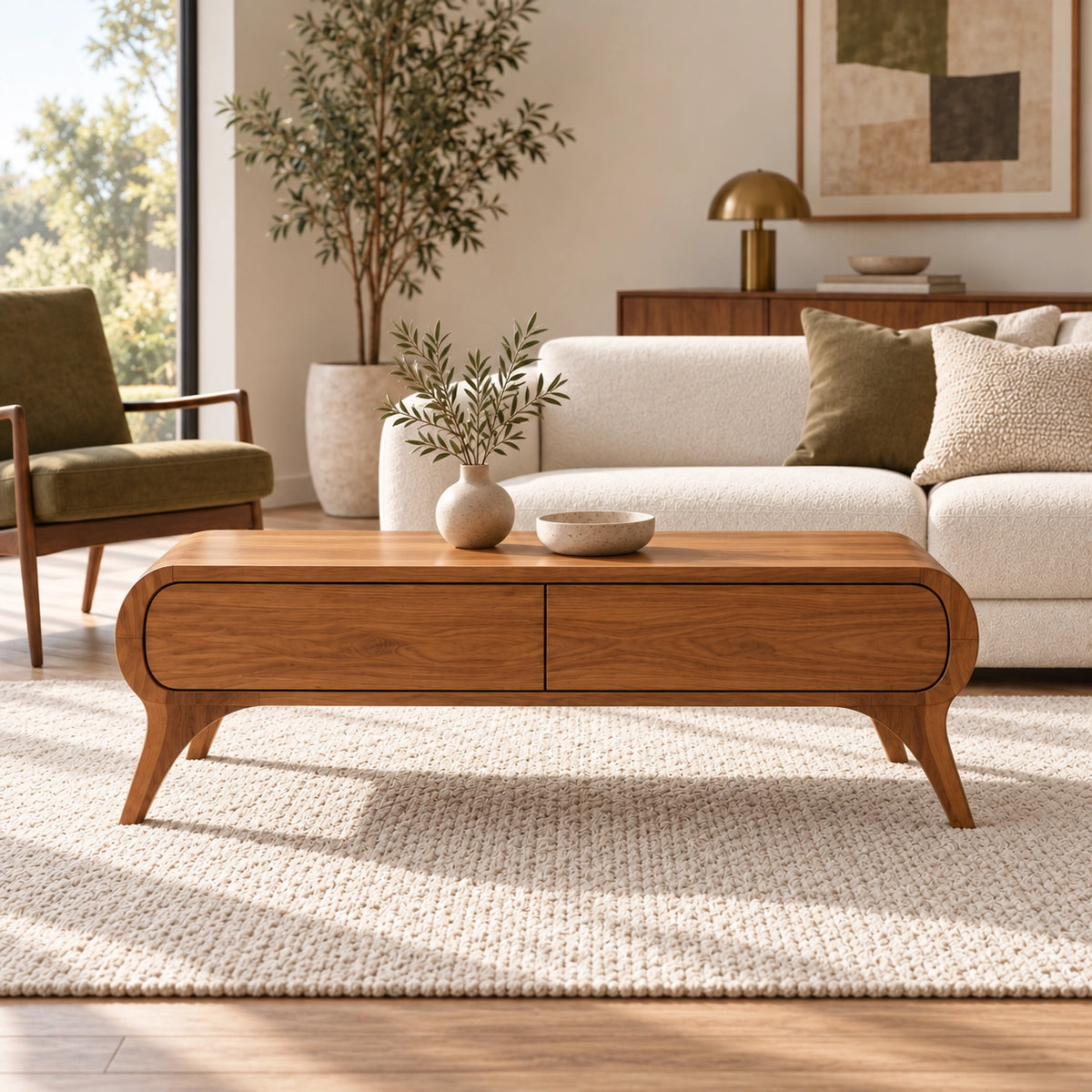 Coffee Table with Curved Solid Wood Drawers in Natural Solid Wood - Woodenecho - 2