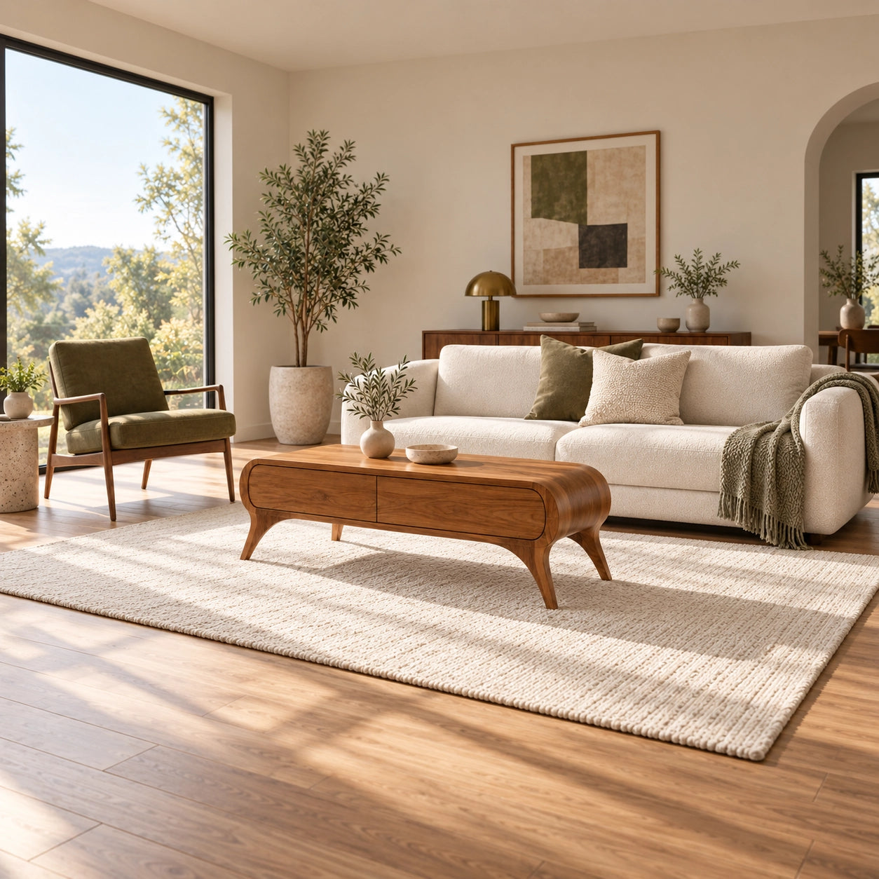 Coffee Table with Curved Solid Wood Drawers in Natural Solid Wood - Woodenecho - 3
