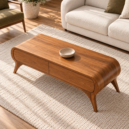 Coffee Table with Curved Solid Wood Drawers in Natural Solid Wood - Woodenecho - 4