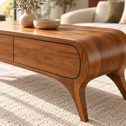 Coffee Table with Curved Solid Wood Drawers in Natural Solid Wood - Woodenecho - 5