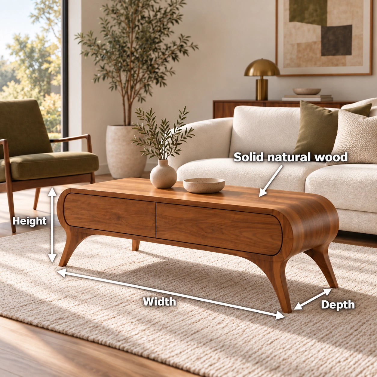Coffee Table with Curved Solid Wood Drawers in Natural Solid Wood - Woodenecho - 6