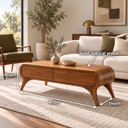 Coffee Table with Curved Solid Wood Drawers in Natural Solid Wood - Woodenecho - 6
