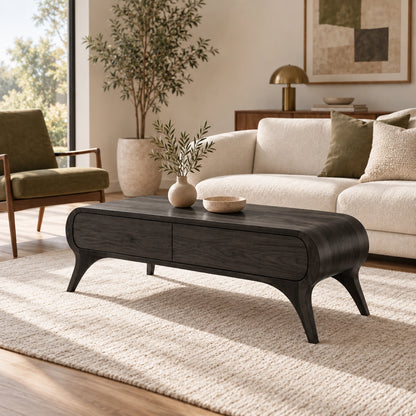 Coffee Table with Curved Solid Wood Drawers in Natural Solid Wood - Woodenecho - 7