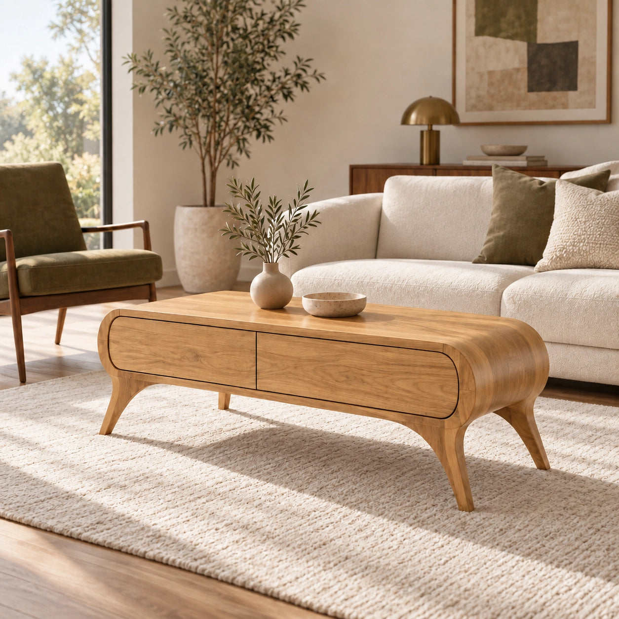 Coffee Table with Curved Solid Wood Drawers in Natural Solid Wood - Woodenecho - 8