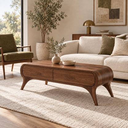 Coffee Table with Curved Solid Wood Drawers in Natural Solid Wood - Woodenecho - 9