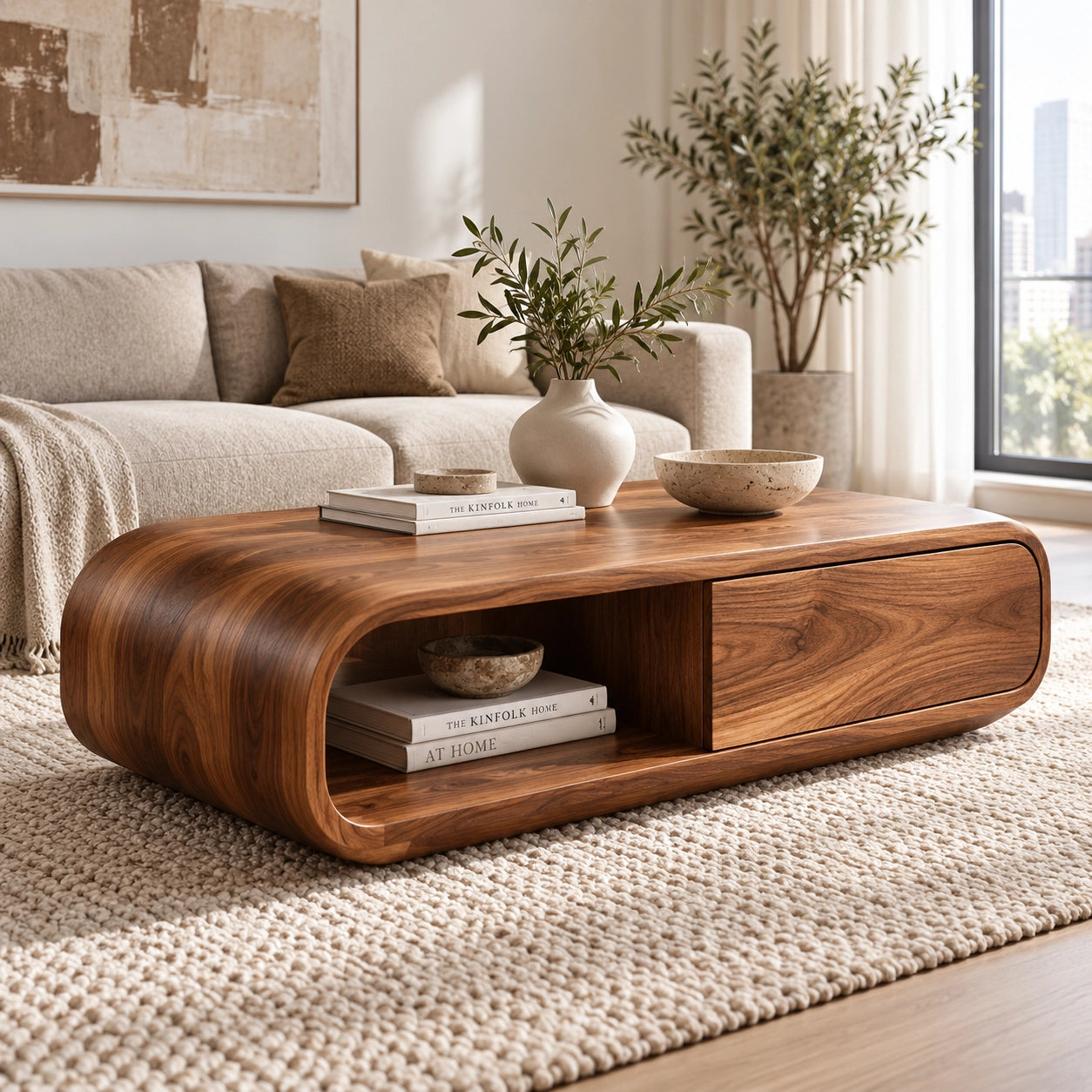 Coffee Table with Curved Wooden Form in Natural Solid Wood for Living - Woodenecho - 1