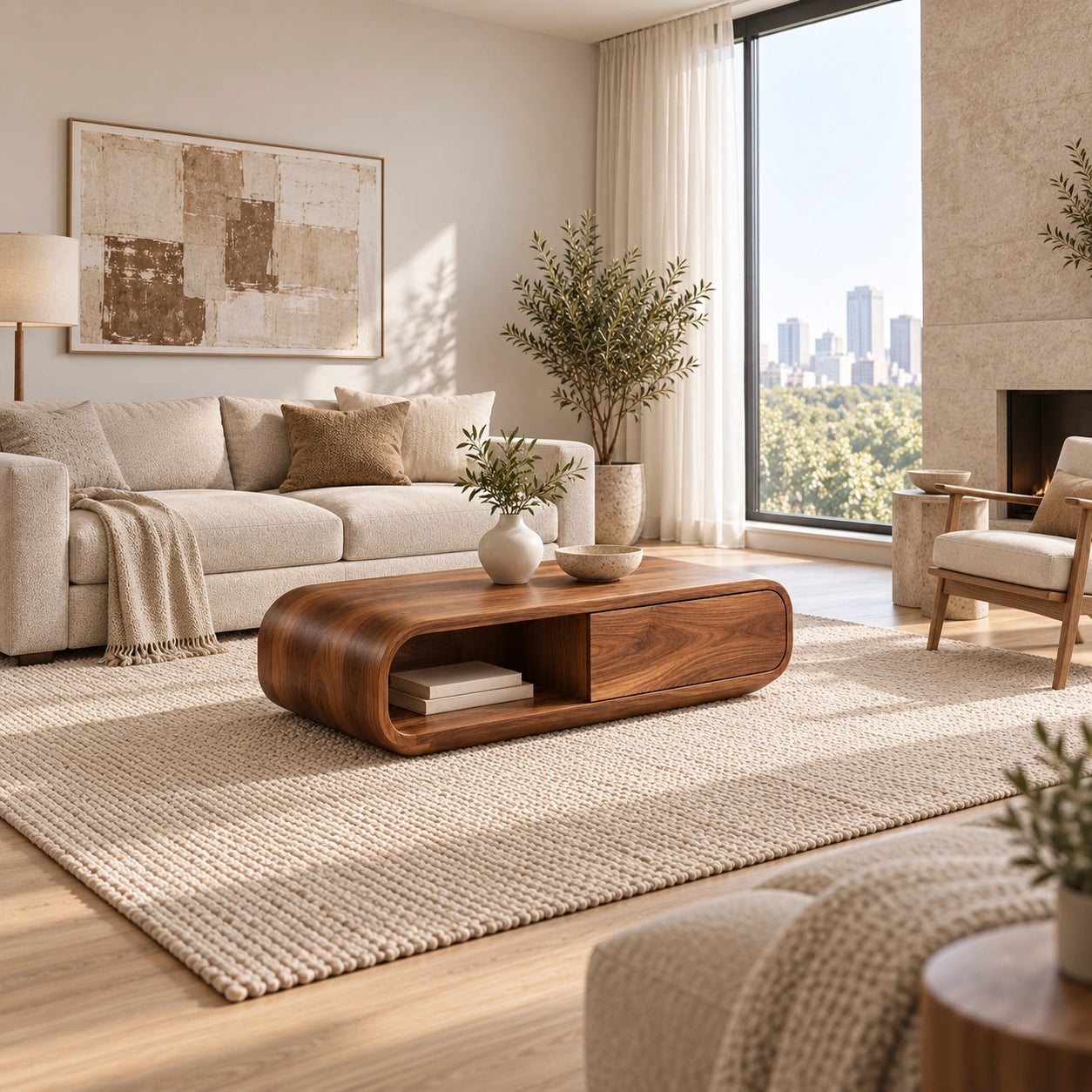 Coffee Table with Curved Wooden Form in Natural Solid Wood for Living - Woodenecho - 3
