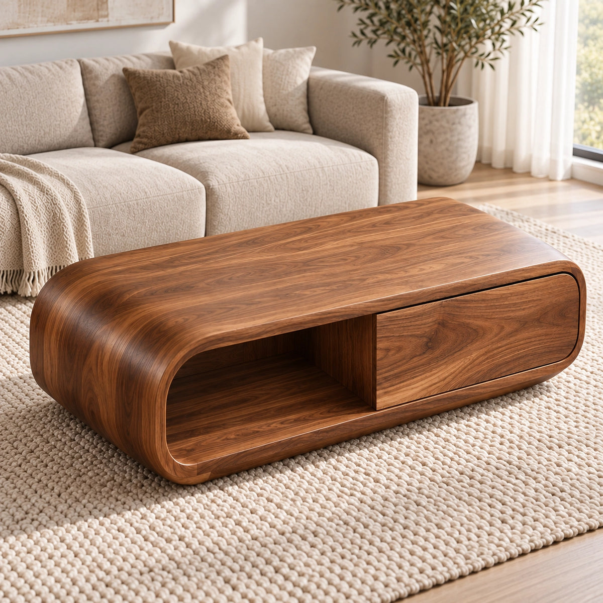 Coffee Table with Curved Wooden Form in Natural Solid Wood for Living - Woodenecho - 4