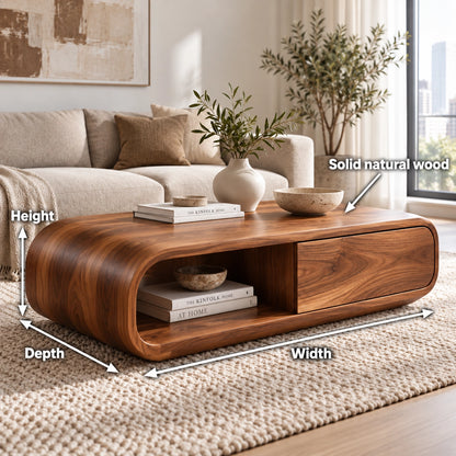 Coffee Table with Curved Wooden Form in Natural Solid Wood for Living - Woodenecho - 6