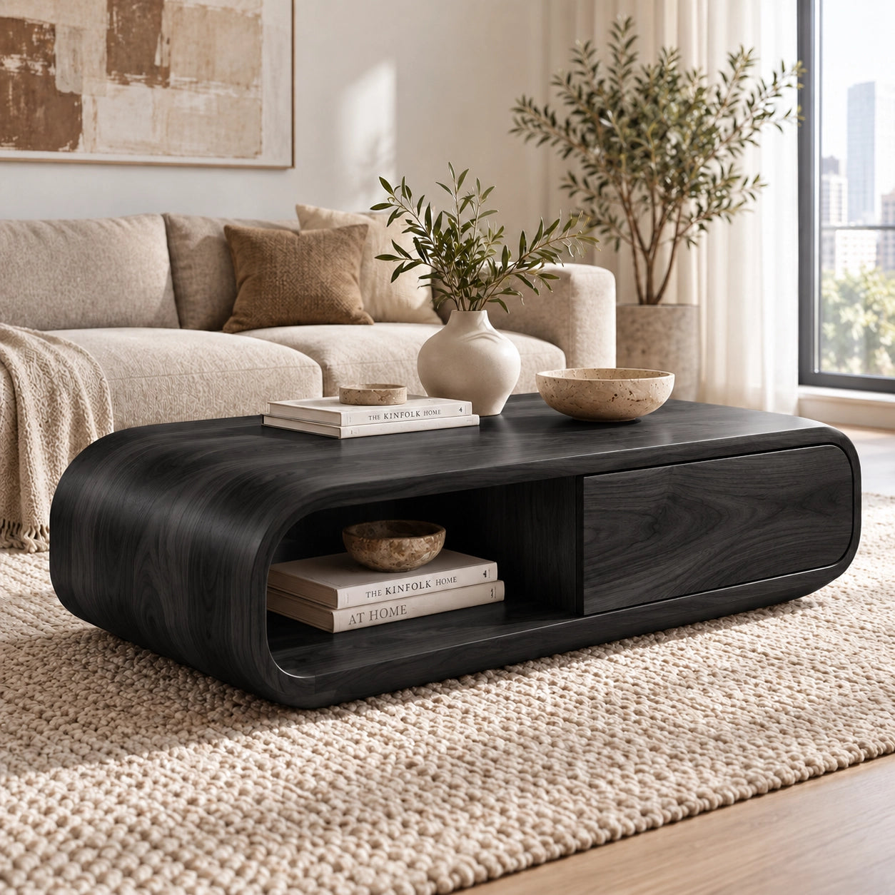 Coffee Table with Curved Wooden Form in Natural Solid Wood for Living - Woodenecho - 7