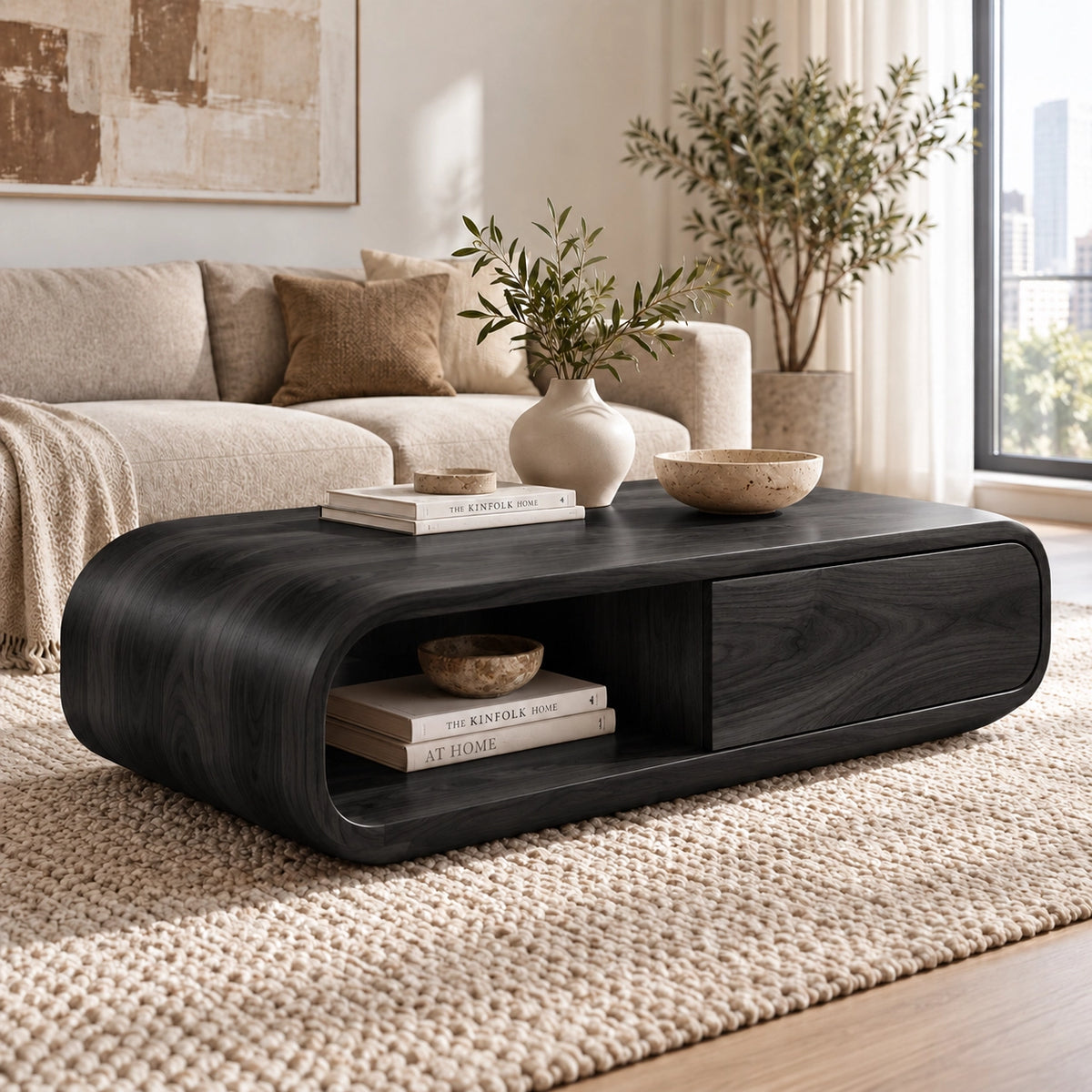Coffee Table with Curved Wooden Form in Natural Solid Wood for Living - Woodenecho - 7