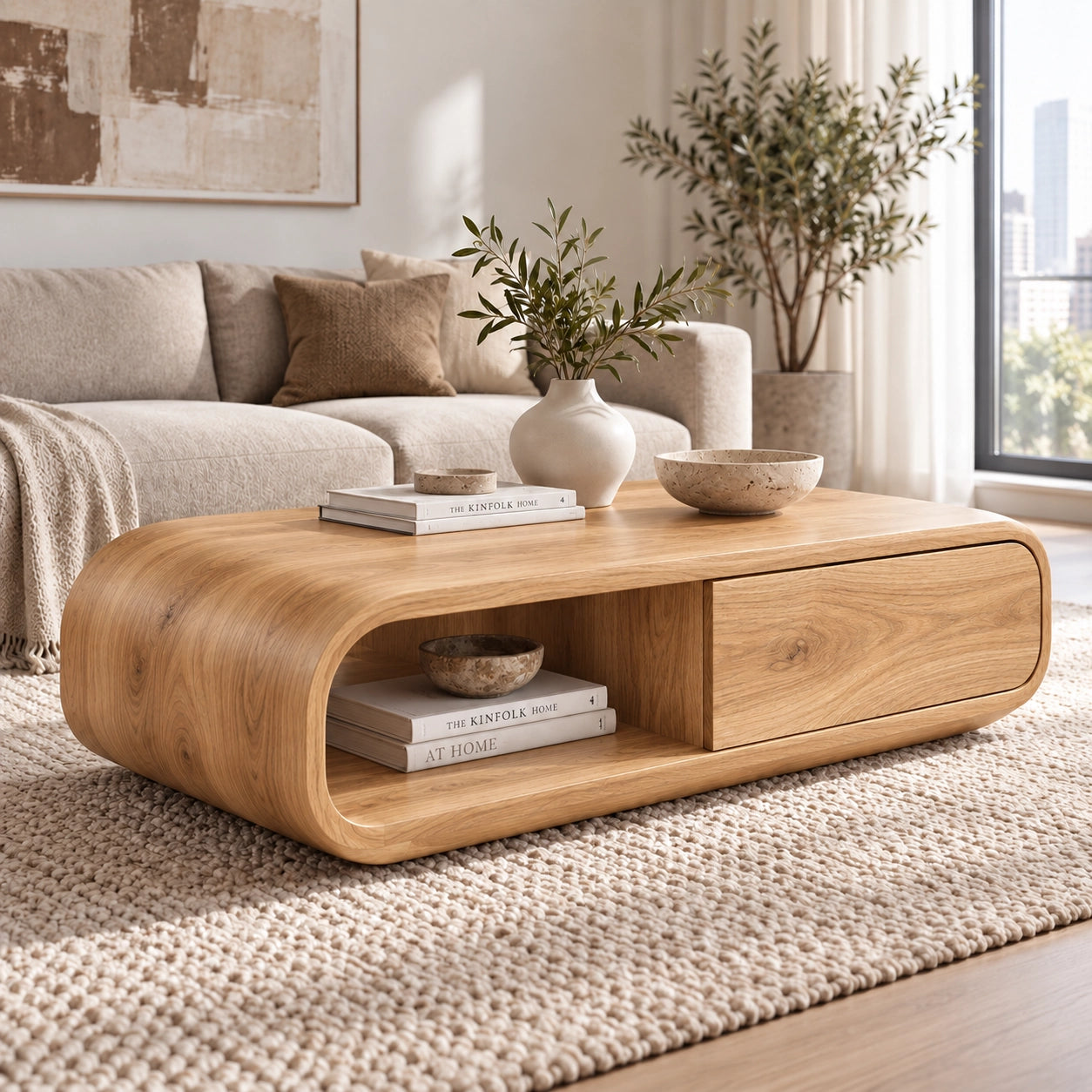 Coffee Table with Curved Wooden Form in Natural Solid Wood for Living - Woodenecho - 8
