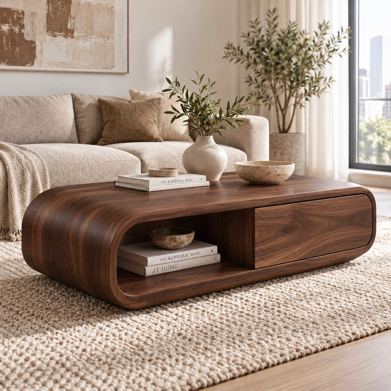 Coffee Table with Curved Wooden Form in Natural Solid Wood for Living - Woodenecho - 9