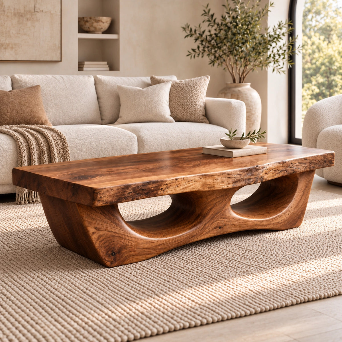 Coffee Table with Dual Curved Arch Base in Natural Solid Wood for Living - Woodenecho - 1