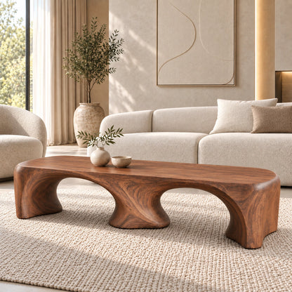 Coffee Table with Dual Curved Arch Base in Natural Solid Wood for Living - Woodenecho - 1