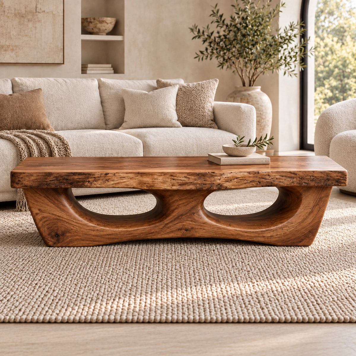 Coffee Table with Dual Curved Arch Base in Natural Solid Wood for Living - Woodenecho - 2