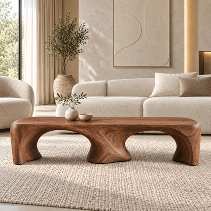 Coffee Table with Dual Curved Arch Base in Natural Solid Wood for Living - Woodenecho - 2