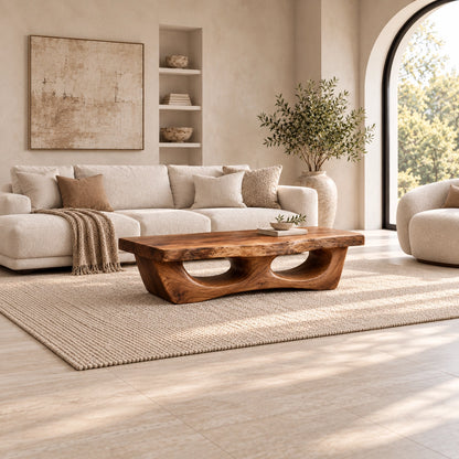 Coffee Table with Dual Curved Arch Base in Natural Solid Wood for Living - Woodenecho - 3