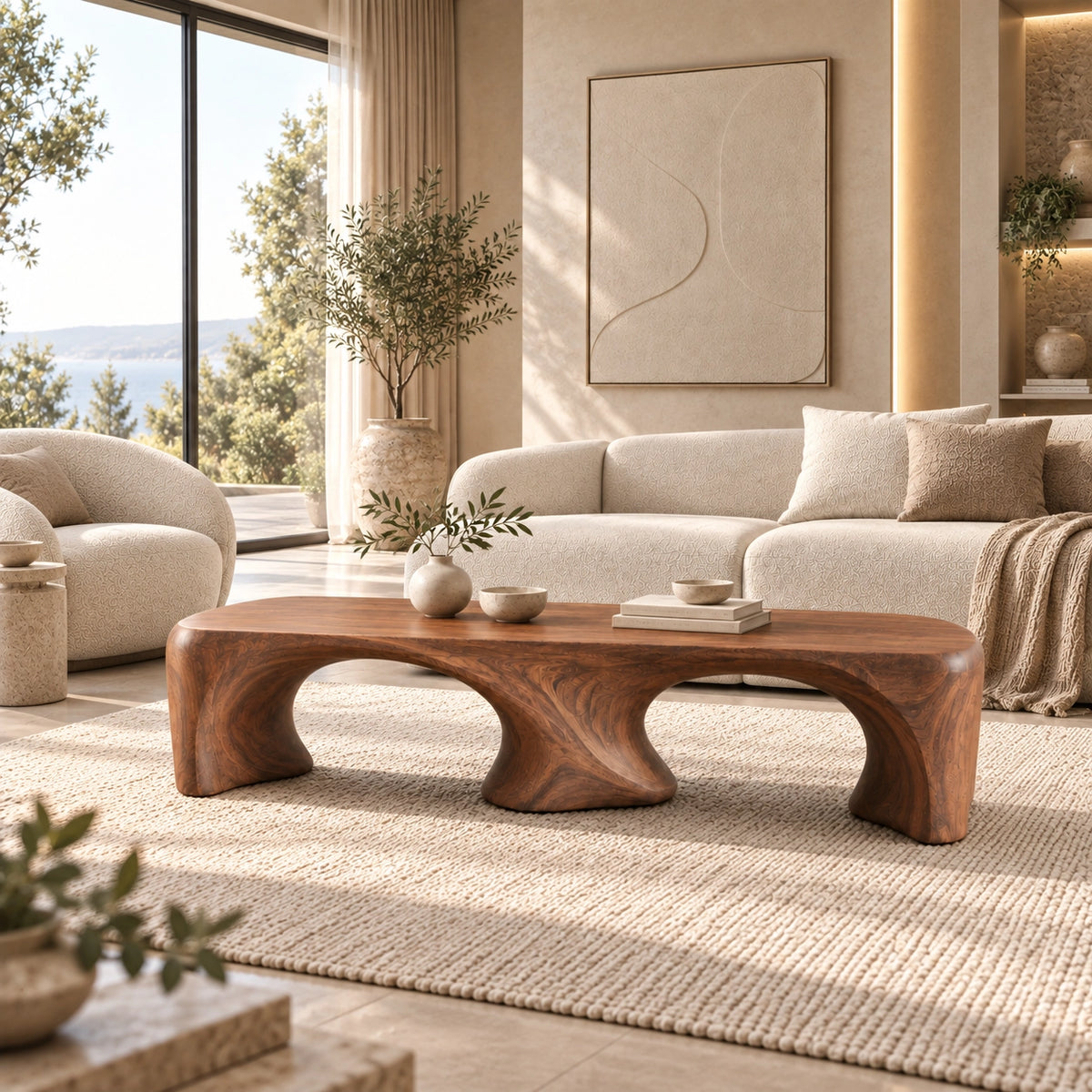 Coffee Table with Dual Curved Arch Base in Natural Solid Wood for Living - Woodenecho - 3