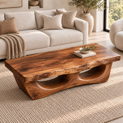 Coffee Table with Dual Curved Arch Base in Natural Solid Wood for Living - Woodenecho - 4