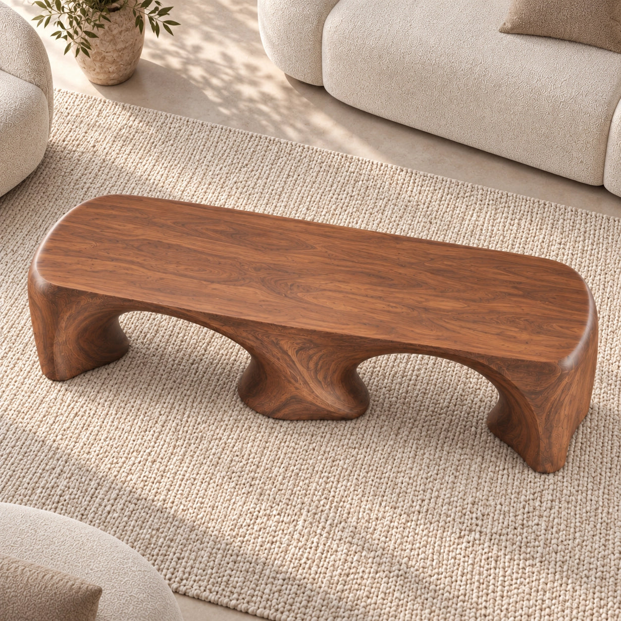 Coffee Table with Dual Curved Arch Base in Natural Solid Wood for Living - Woodenecho - 4
