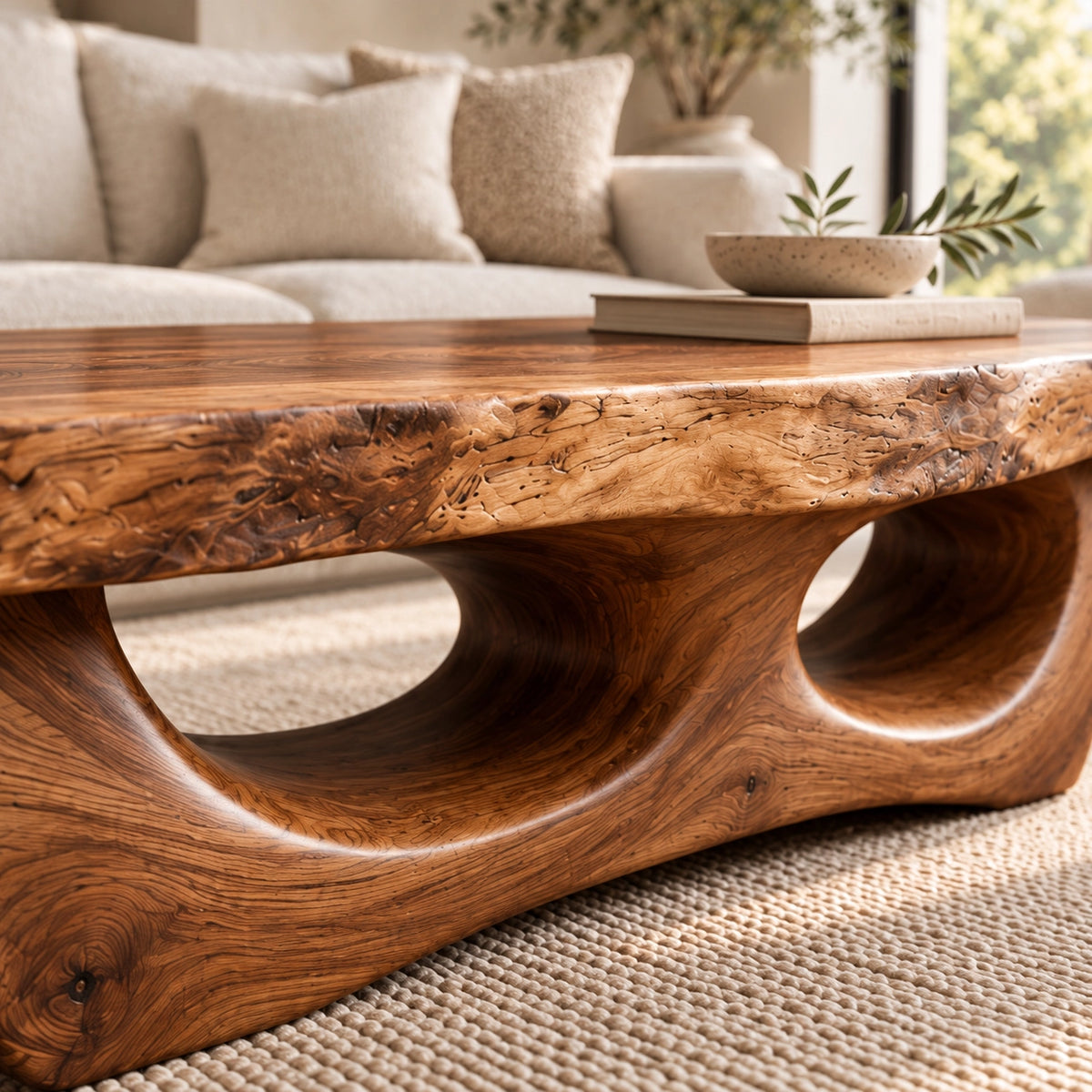Coffee Table with Dual Curved Arch Base in Natural Solid Wood for Living - Woodenecho - 5