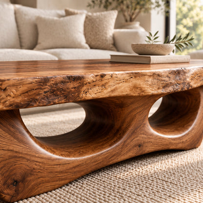 Coffee Table with Dual Curved Arch Base in Natural Solid Wood for Living - Woodenecho - 5