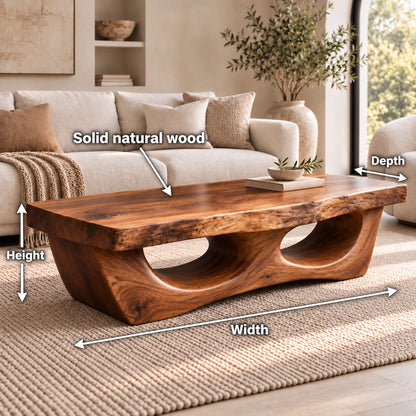 Coffee Table with Dual Curved Arch Base in Natural Solid Wood for Living - Woodenecho - 6