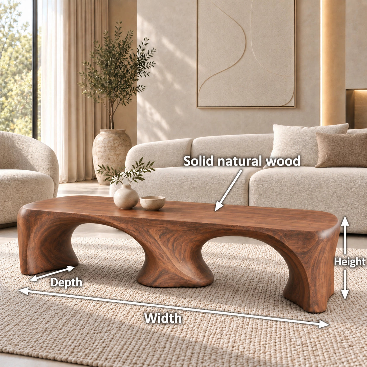 Coffee Table with Dual Curved Arch Base in Natural Solid Wood for Living - Woodenecho - 6
