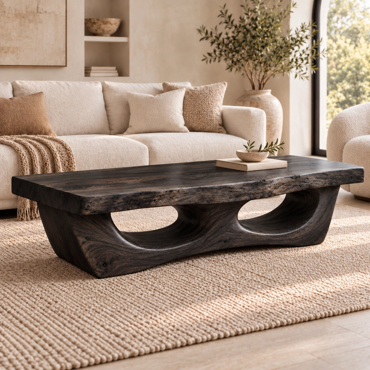 Coffee Table with Dual Curved Arch Base in Natural Solid Wood for Living - Woodenecho - 7
