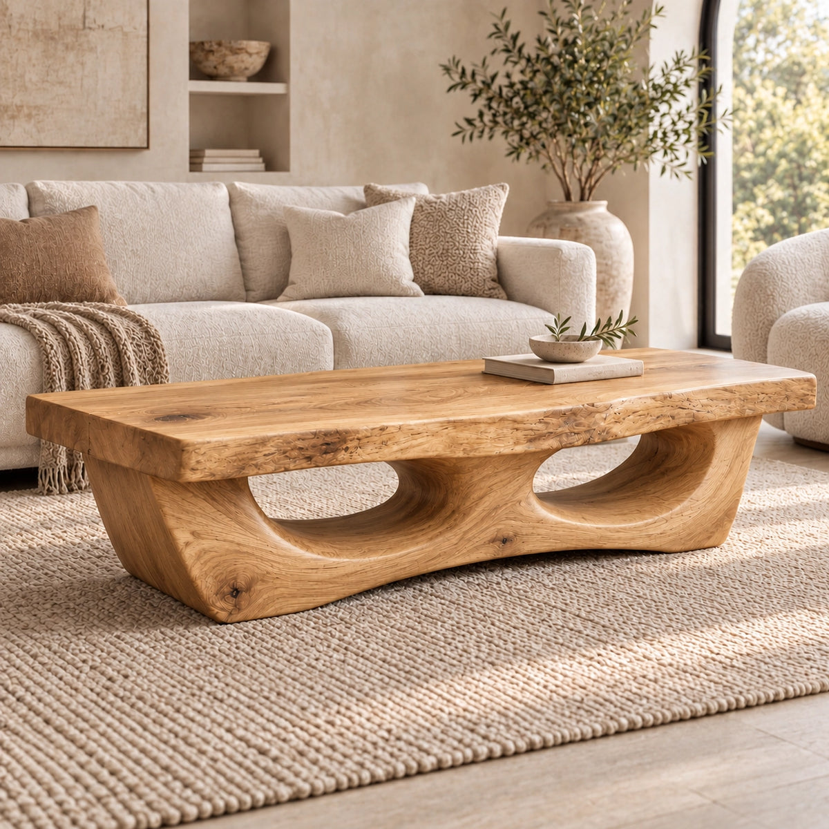 Coffee Table with Dual Curved Arch Base in Natural Solid Wood for Living - Woodenecho - 8
