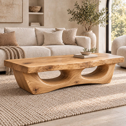 Coffee Table with Dual Curved Arch Base in Natural Solid Wood for Living - Woodenecho - 8
