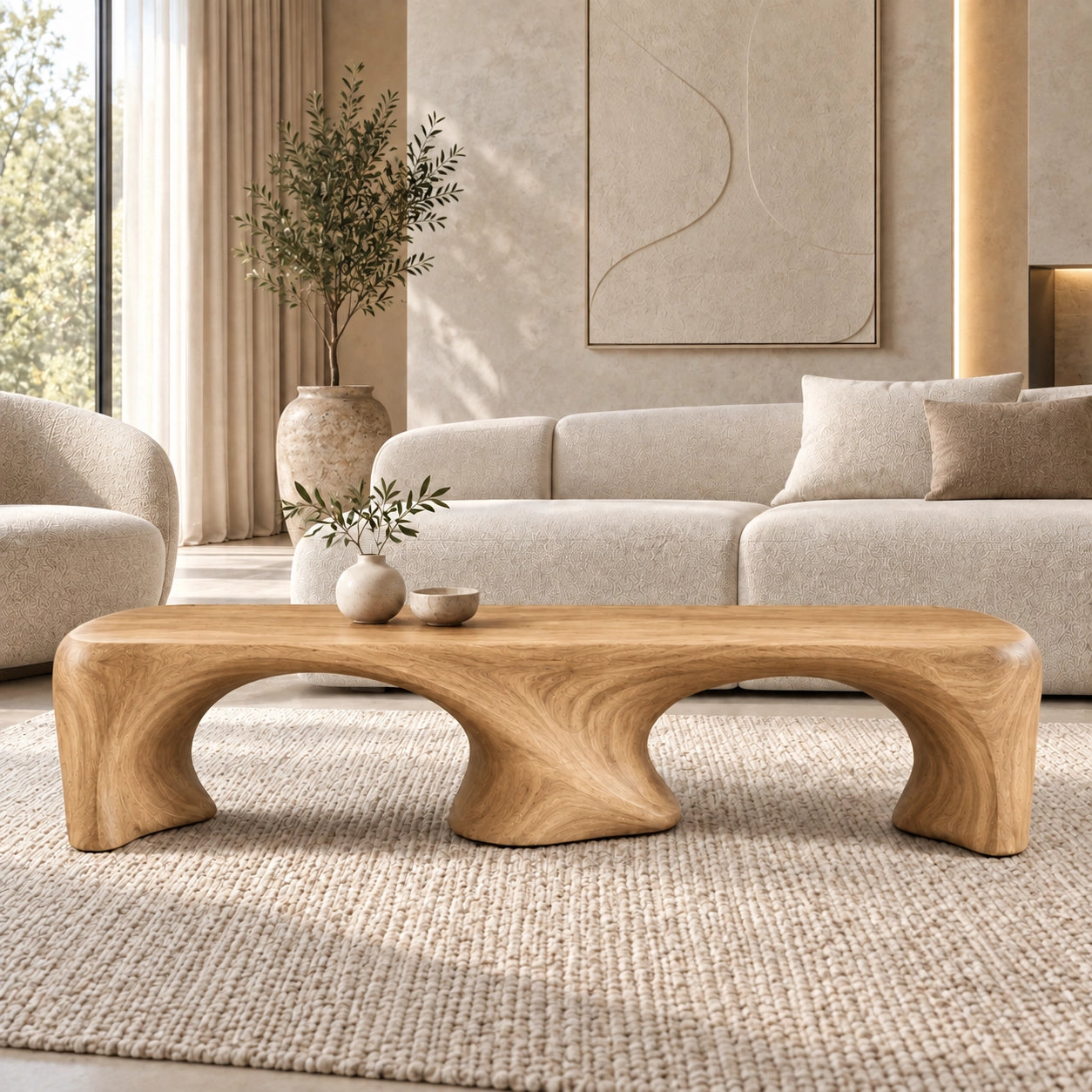 Coffee Table with Dual Curved Arch Base in Natural Solid Wood for Living - Woodenecho - 8