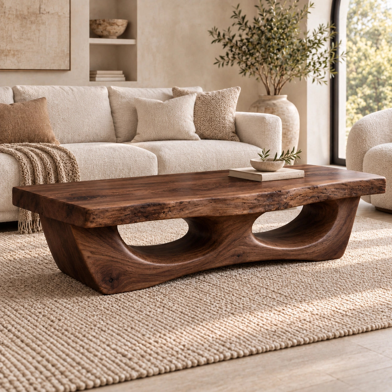 Coffee Table with Dual Curved Arch Base in Natural Solid Wood for Living - Woodenecho - 9