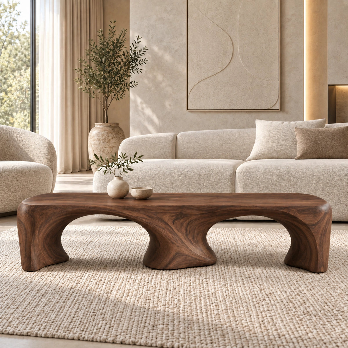Coffee Table with Dual Curved Arch Base in Natural Solid Wood for Living - Woodenecho - 9